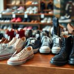 A variety of shoes, including sneakers and boots, are displayed on a wooden table in a store. In the background, more footwear is arranged on shelves. The scene is well-lit, highlighting the diverse styles and colors, offering shoppers an enticing glimpse at affordable quality shoes.