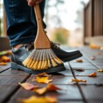 A person meticulously brushing shoes is cleaning the soles of their dark leather footwear with a brush. They stand on a wooden deck adorned with colorful autumn leaves, wearing blue jeans. The focus is on the shoe and brush, highlighting this essential benefit of shoe care.