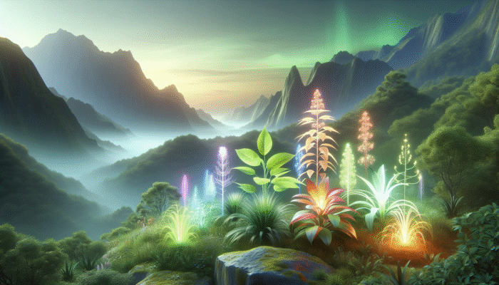 A serene landscape featuring glowing ginseng and ashwagandha plants against a misty mountain backdrop, symbolizing stress relief.