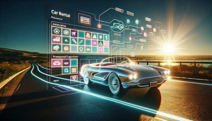 A sleek convertible on a sunlit road next to a screen showing an intuitive car rental interface.