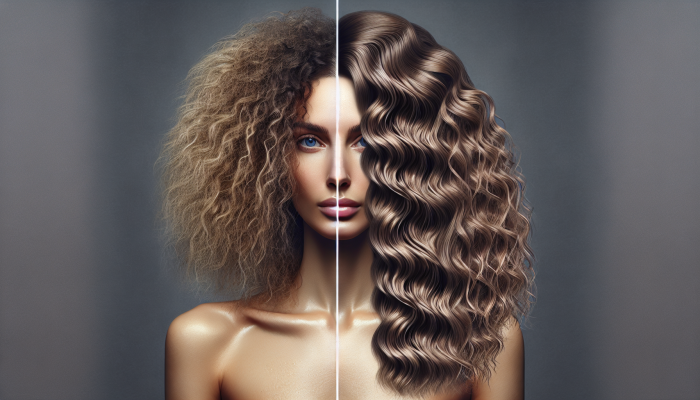 Before and after of curly, coarse hair treated with Olaplex, showcasing reduced frizz and a polished finish.