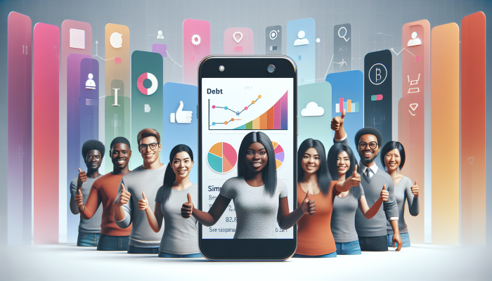Mobile Apps for Debt Consolidation Updates: Streamlined Solutions | DCL A smartphone displaying App B's interface with graphs, surrounded by satisfied UK users giving thumbs up.