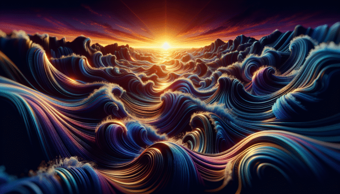Beautiful waves with intricate textures under a vibrant sunset, creating a captivating light and shadow effect.