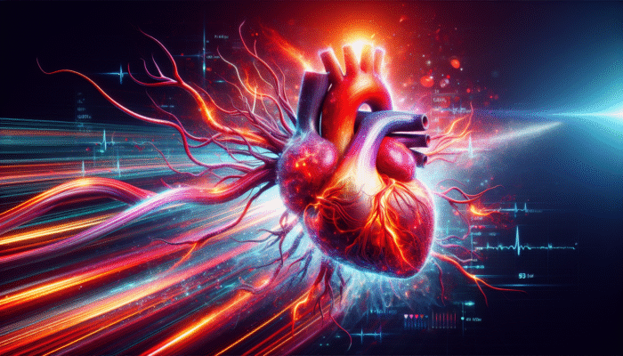 Understanding Heart Health: A vibrant heart with flowing blood vessels, showing heart rate and cholesterol levels.