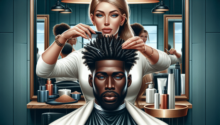 A client undergoing a bond-building hair treatment in a luxurious salon, with a stylist applying an advanced formula to repair split ends and damaged hair, showcasing a before-and-after transformation.
