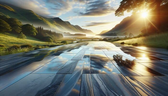 The Significance of Waterproofing Stone Floors in Inverclyde: A stunning landscape showcasing a luxurious waterproofed stone floor reflecting its vibrant environment, demonstrating durability and protection.
