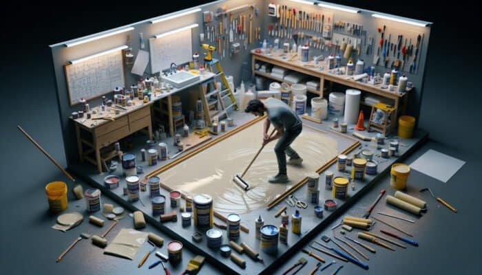 A technician applying waterproof sealant using tools and materials in an organized workspace.