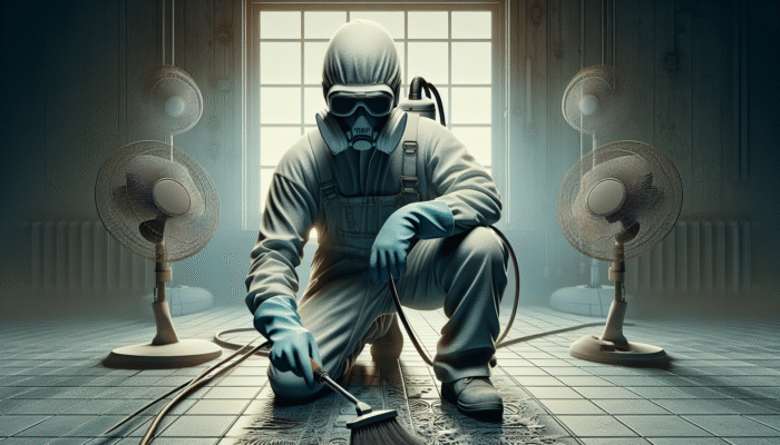 Individual cleaning grout with safety equipment in a well-ventilated environment.
