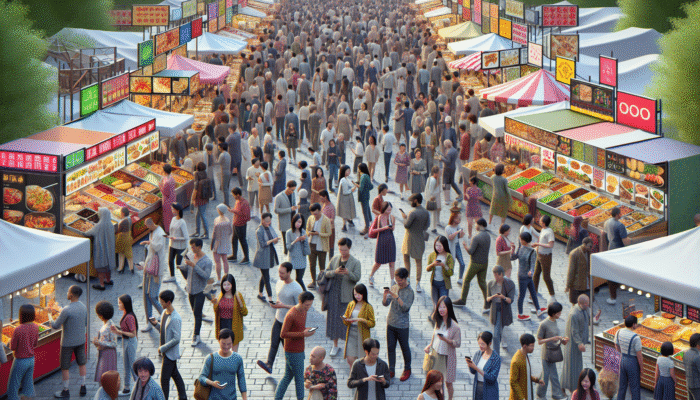A vibrant festival scene showcasing diverse stalls, crowds, and tech-savvy attendees indulging in culinary delights.