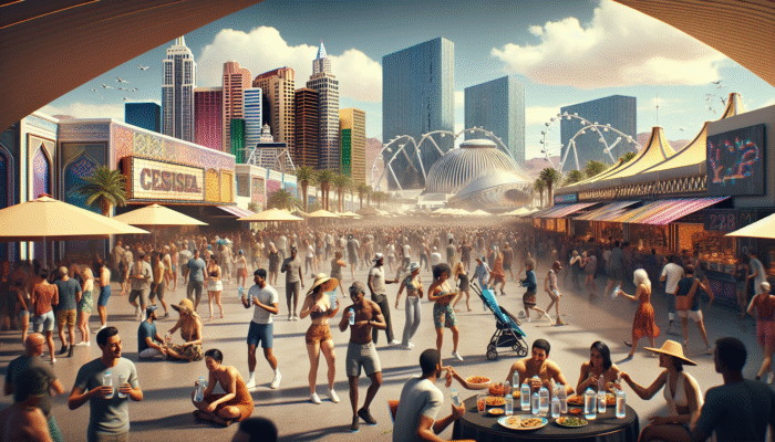 A vibrant Las Vegas festival scene showcasing people using refillable water bottles and resting in shaded areas to stay hydrated.