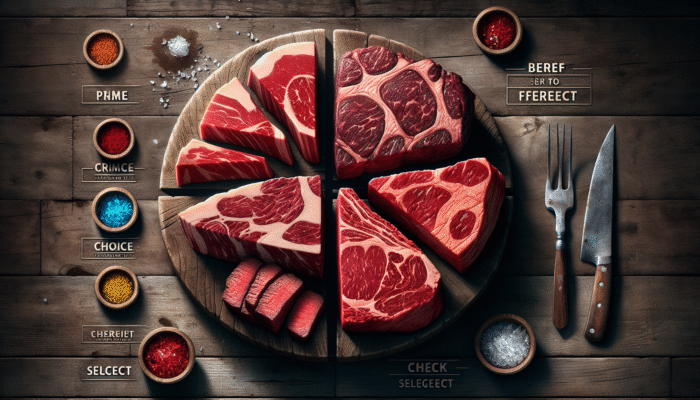Close-up of USDA graded beef cuts - Prime, Choice, Select, showcasing marbling differences on a rustic table.