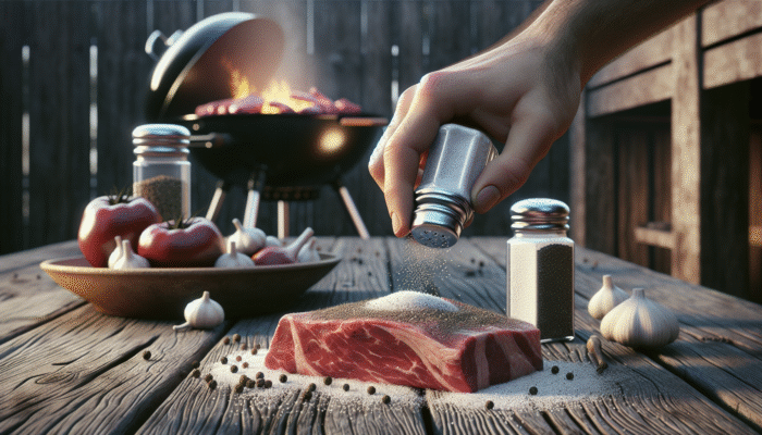 Seasoning large meat cut with kosher salt and fresh black pepper on rustic table, BBQ grill in the background.