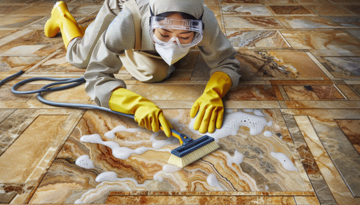 A close-up of well-maintained travertine tiles with a person using cleaning tools, emphasizing the importance of regular care.