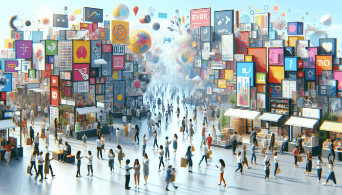 A vibrant digital marketplace showcasing packages with strategic banners and mobile users engaging in purchases.