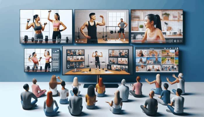 Screens showing fitness tutorials, expert interviews, and behind-the-scenes vlogs, engaging a diverse audience.