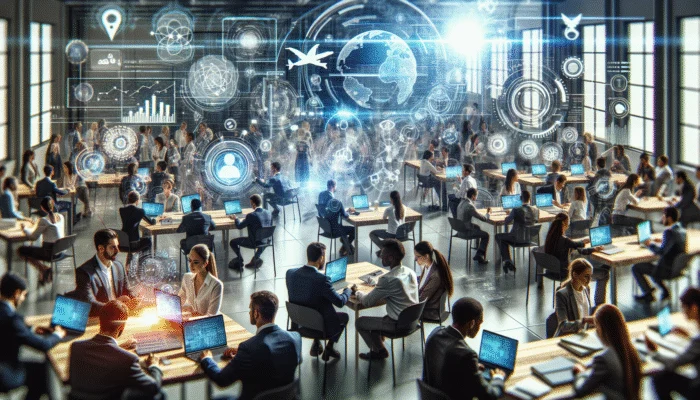 A diverse group of professionals immersed in a focused workshop, utilizing modern technology and networking for career advancement.