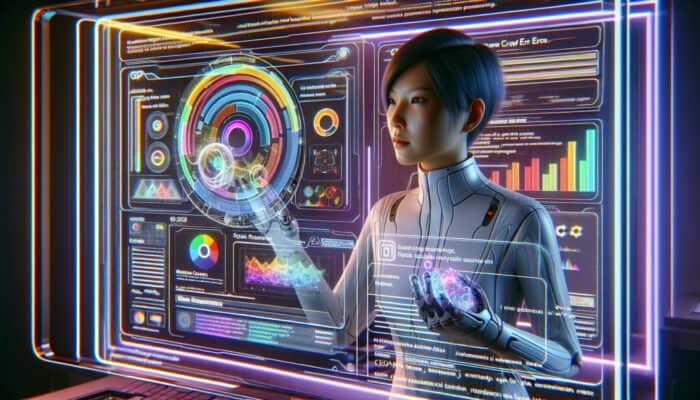 A webmaster monitoring Google Search Console data in a futuristic environment.