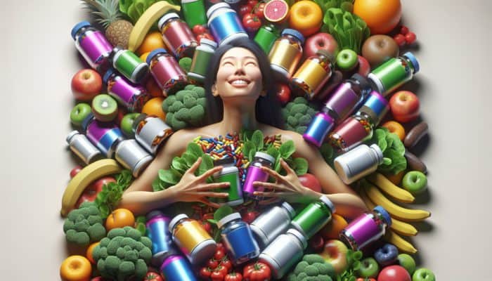 Person surrounded by colorful supplement bottles, reading labels, smiling, with healthy fruits and vegetables in background.