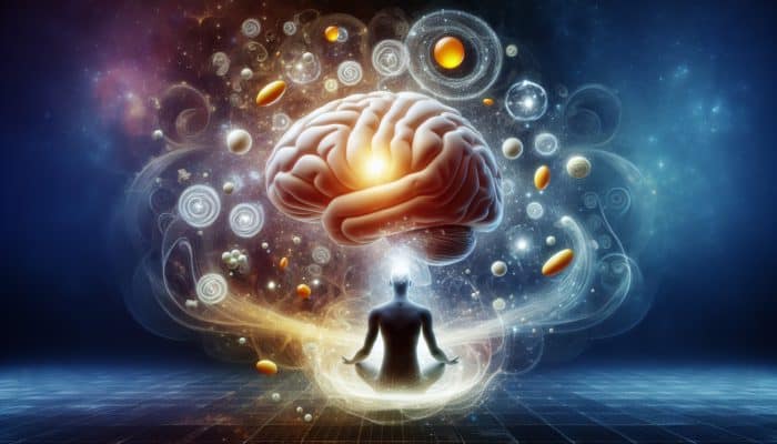 A glowing brain surrounded by Omega-3 and B vitamins, symbolizing enhanced cognitive function and emotional stability.