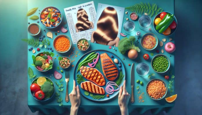 A table with grilled chicken, salmon, lentils, and chickpeas, symbolizing protein-rich foods for hair health.