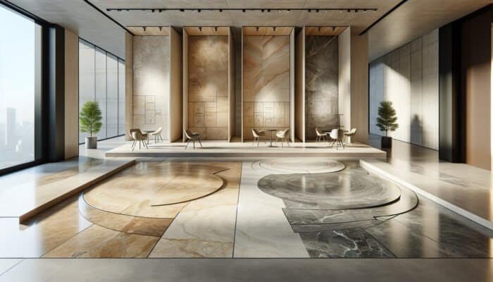 Explore the three types of travertine flooring: honed, filled, and tumbled, showcased in a modern home environment.