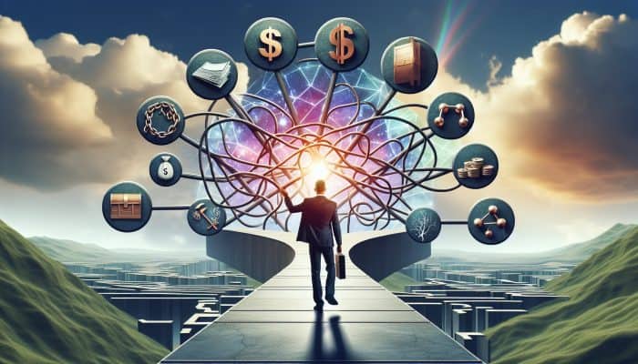 Key Terms and Concepts in Debt Consolidation: A Comprehensive Guide | DCL A person confidently navigating a clear path through a complex financial landscape with labeled signposts under a bright sky.