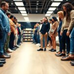 A group of individuals stands in two lines facing each other inside a shoe store, with shelves of shoes in the background and individuals looking down at their own footwear.