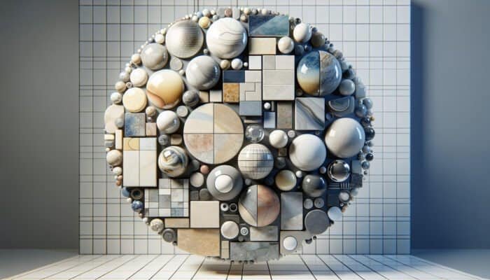 A selection of porcelain tiles: glazed, glossy, and water-resistant; unglazed with a natural texture; polished, smooth, and reflective, displayed in a high-traffic area.