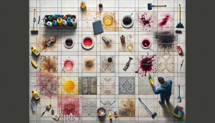 Porcelain tiles stained with wine, coffee, and grease; a person cleaning using various tools and solutions.