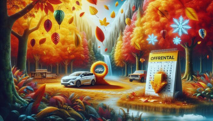 A serene autumn landscape with a car rental office, colorful falling leaves, and a calendar highlighting off-peak seasons.