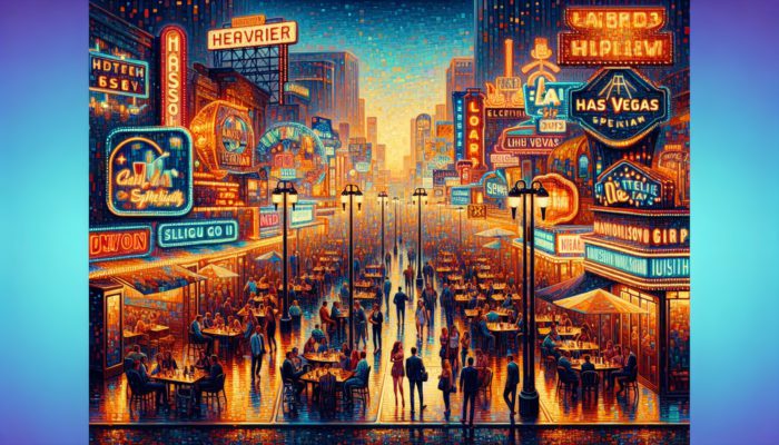 Las Vegas Strip at dusk with vibrant neon signs promoting off-peak dining specials at celebrity chef restaurants.