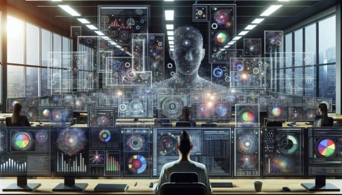 A digital analyst analyzing graphs, keywords, and social media trends on multiple screens in a modern office.