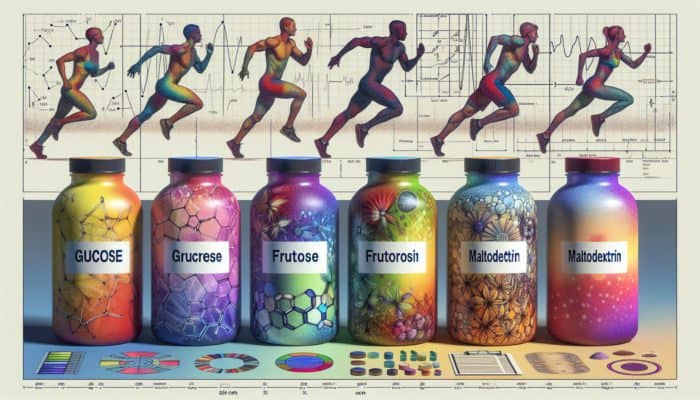 A colorful array of carbohydrate supplement bottles labeled glucose, fructose, maltodextrin, starch, with athletes engaged in activity.