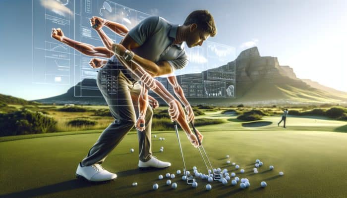 A South African golfer doing dynamic warm-ups, using correct grip, and training forearms on a golf course with Table Mountain.