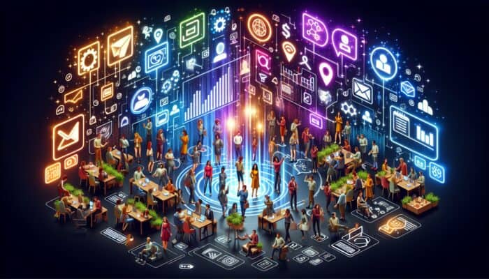 Influencers showcasing products in a vibrant digital marketplace with analytics and strategy charts.