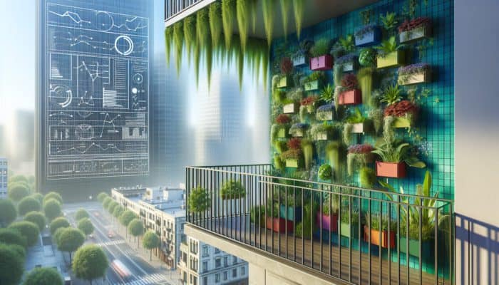 A vibrant urban balcony with a lush vertical garden featuring cascading plants, trellises, and colorful wall-mounted planters.