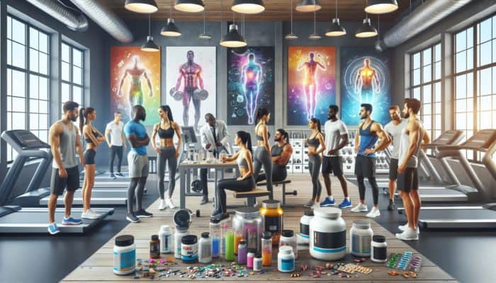 Athletic weekend warriors consulting fitness experts about supplements in a modern, vibrant gym.