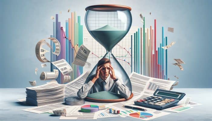 A worried UK resident amidst financial documents, calculator, and an hourglass symbolizing extended loan terms and rising interest rates.