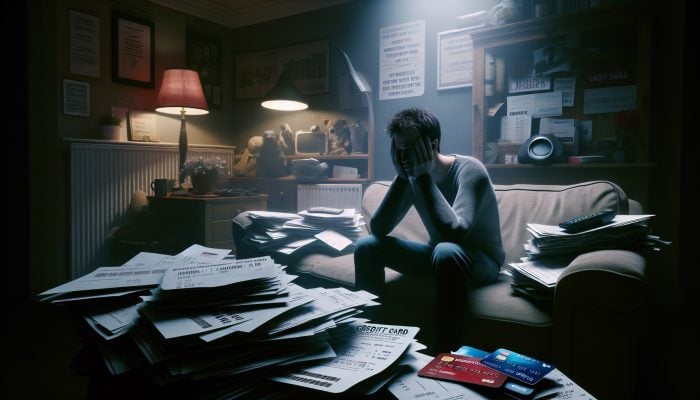 A stressed person amidst bills, overdue notices, and maxed-out credit cards in a cluttered UK living room.