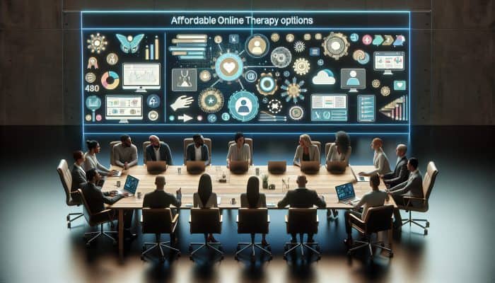 A diverse group of mental health experts discussing affordable online therapy options at a modern conference table with digital screens.