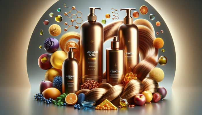 Luxurious celebrity hair products with argan oil, keratin, and vitamins, enhancing vibrant, healthy hair.