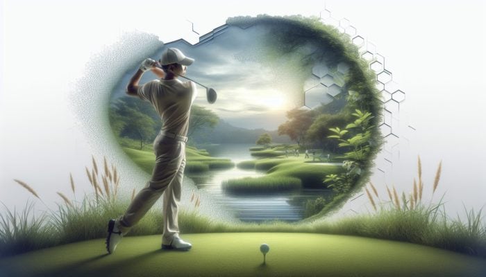 Golfer focusing on ball at serene tournament, surrounded by nature, confident expression.