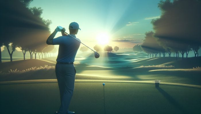 A focused golfer visualizing a perfect swing at dawn on a serene golf course, embodying mindfulness and confidence.