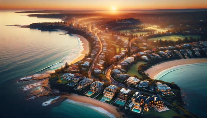 Aerial view of Hermanus coastline at sunset, luxury homes with ocean views, vibrant beachfront, lush landscapes.