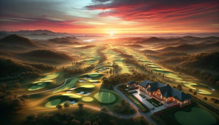 Aerial view of Cotswold Downs Country Club at sunset, featuring golf courses, clubhouse, and rolling hills.