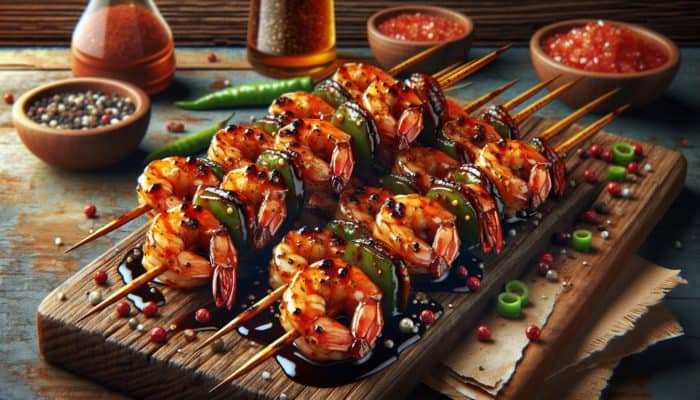 Louisiana Cajun BBQ Shrimp Skewers: Louisiana Cajun BBQ Shrimp Skewers with vibrant spices and smoky sauce on rustic kitchen backdrop.