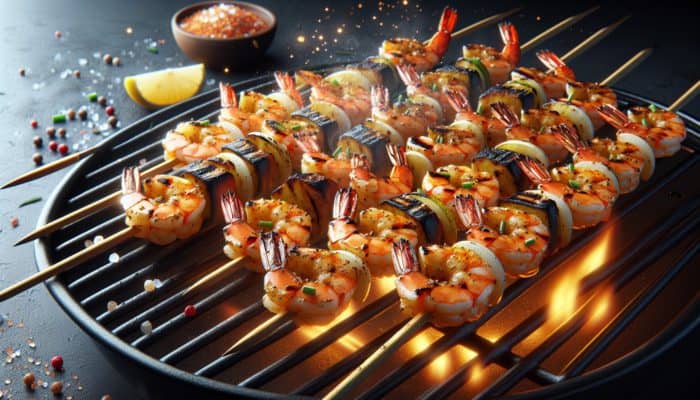 Louisiana Cajun BBQ Shrimp Skewers grilling with perfect marks, juicy, made with fresh shrimp.