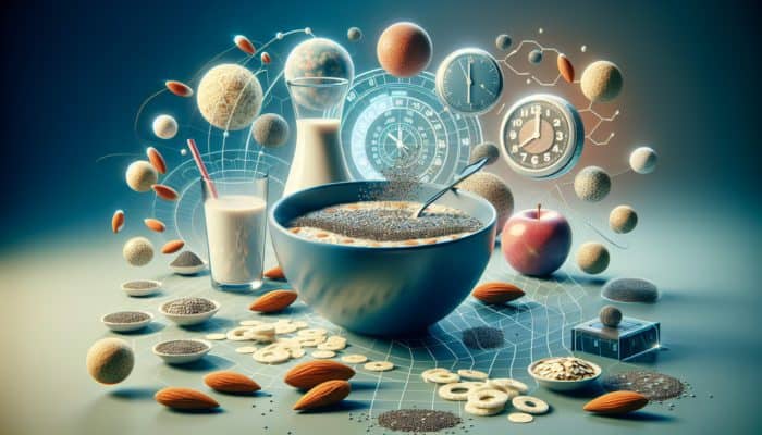 A vibrant breakfast bowl of chia seeds, oatmeal, and almond milk with clocks, symbolizing strategic protein intake timing.