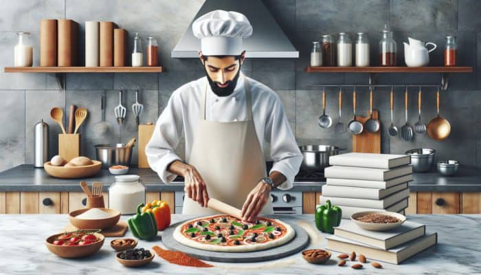 Best Low-Carb Pizza Dough Recipes: A chef preparing low-carb pizza with almond and coconut flours on a marble countertop, surrounded by keto diet books and fresh toppings.