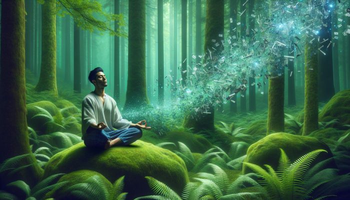 Debt Consolidation and Mental Health Benefits: A UK Guide | DCL A person meditating in a forest with breaking chains, symbolizing debt consolidation and mental peace.